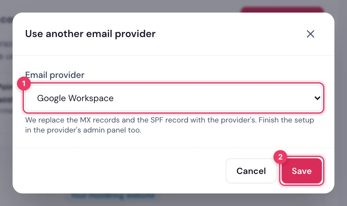 Use another email provider in the HostBring client portal: choose Google Workspace, Microsoft 365 or Zoho and click Save