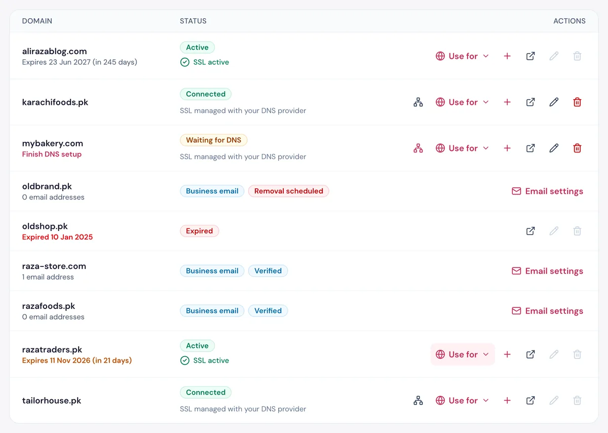 Each domain in the HostBring client portal shows what it is used for, like Website on Growth or Business email