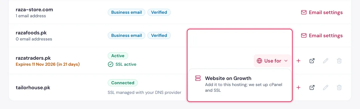 The Use for menu: Website on your hosting, WordPress site or Business email
