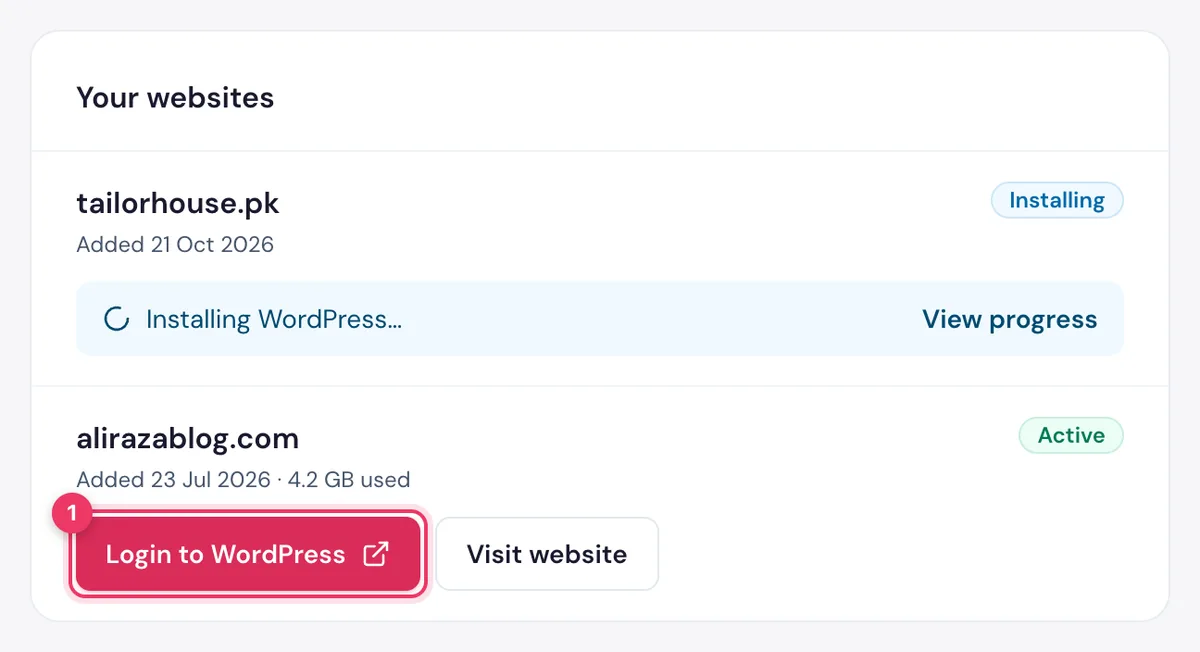 A WordPress website in the HostBring client portal with the Login to WordPress button
