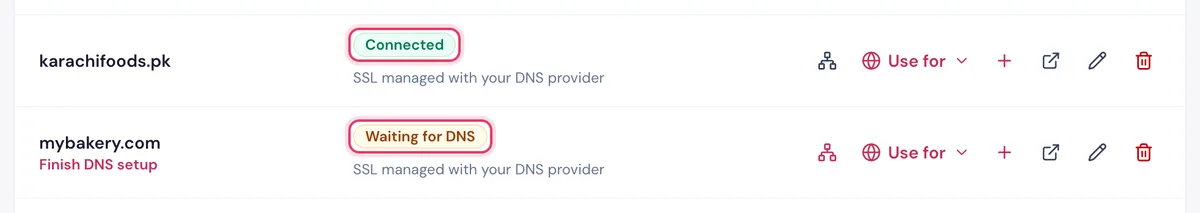 Domain status in the HostBring client portal: Waiting for DNS until the domain points to your hosting, then Connected