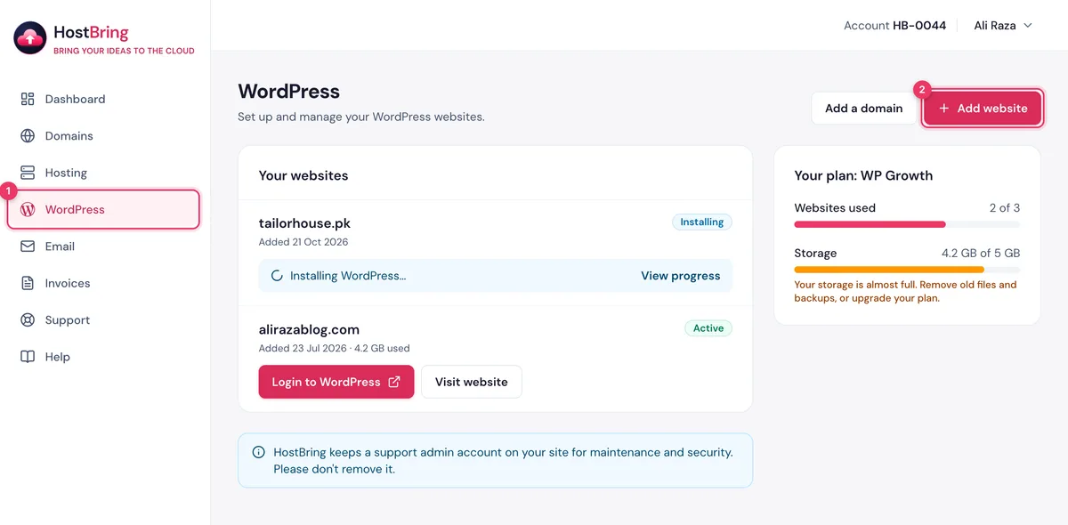 The WordPress page in the HostBring client portal with the Add website button