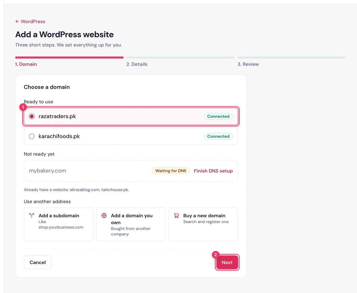 Choose a domain in the HostBring WordPress wizard: pick one under Ready to use, then Next