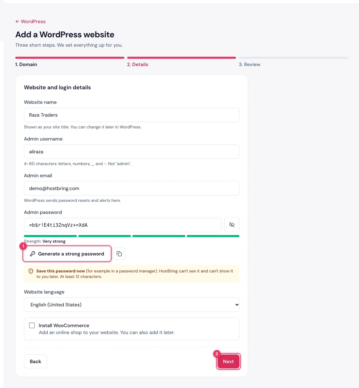 Website and login details in the HostBring WordPress wizard: website name, admin username, email and password