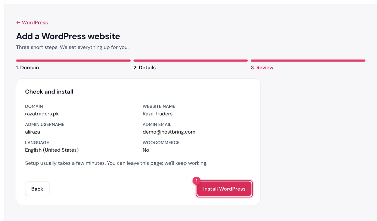 The summary in the HostBring WordPress wizard with the Install WordPress button
